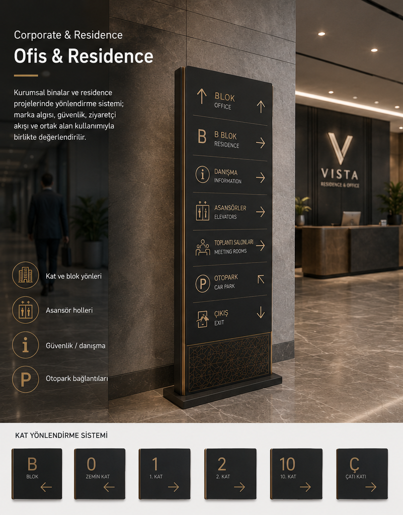 Ofis ve plaza katları için modern kurumsal yönlendirme tabelası